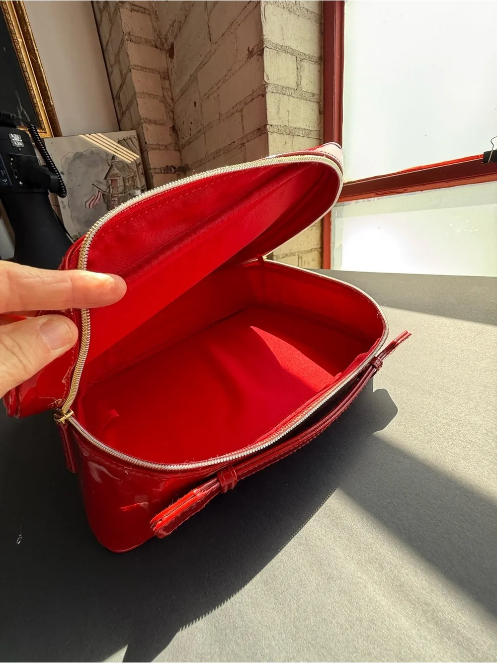 Estee Lauder Red Patent Cosmetic Case with Gold Zipper